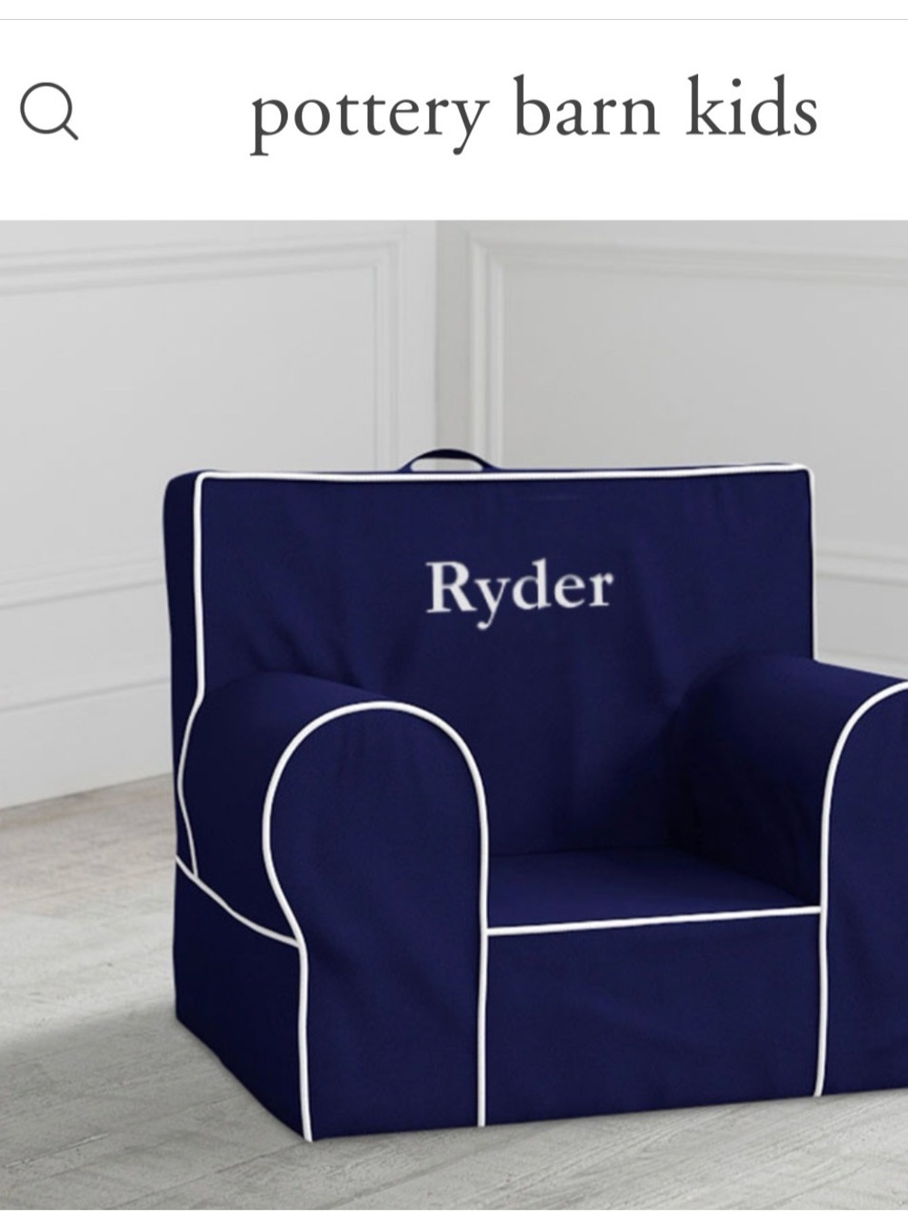 Pottery Barn Kids navy slipcover for Anywhere Chair “Ryder” custom name